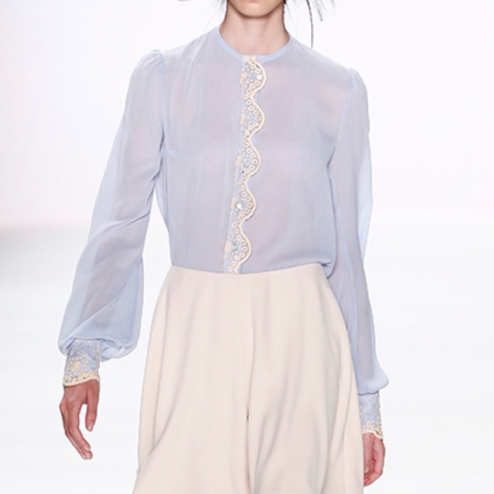 Lana Mueller Sky Blue Blouse with Lace Down Front and on Cuffs Size 4